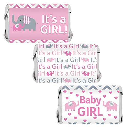 Pink Elephant Girl Baby Shower Mini Candy Bar Wrappers - 45 Stickers