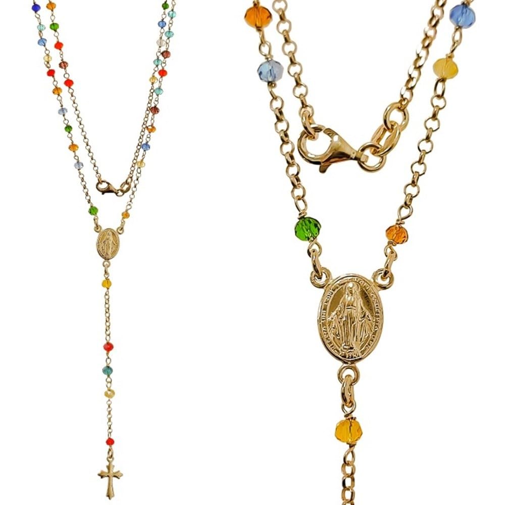 Virgen Milagrosa Rosario Plata Ley 925m unisex 51cm. chapado oro piedras colores