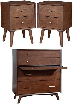 Home Square 3 Piece Set with Nightstand and 4-Drawer Accent Chest in Walnut