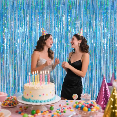 Image of Light Blue Metallic Streamer Backdrop with Glitter Tinsel,3.28 x 6.56ft Foil Fringe Curtains for Gender Reveal & Ocean Theme Wall Hanging Party Supplies, Birthday /Wedding /Photoshoot
