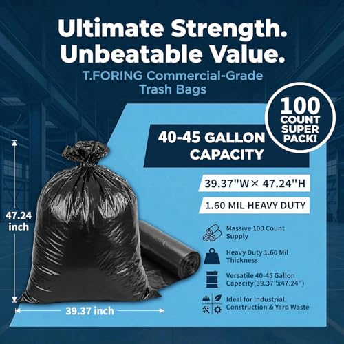 Image of 40-45 Gallon Trash Bags Heavy Duty,1.6 Mil,39'' x 47'',100 Count | Large 40+ Gal Black Garbage Bag Unscented,Strong,Fit 150 - 168 Liter Bins,for Construction Industrial Yard Outdoor Commercial
