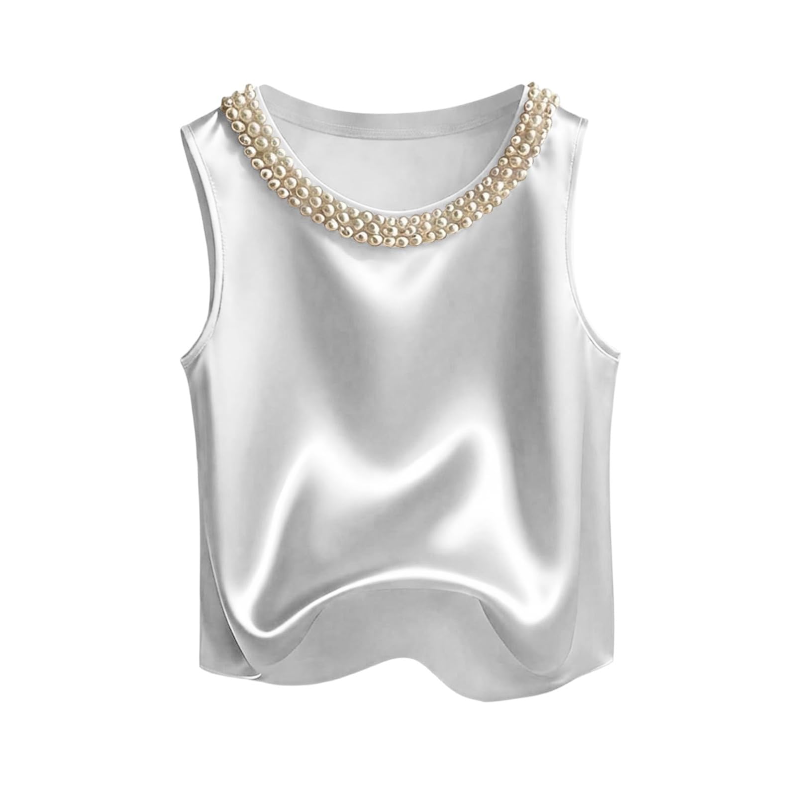 Camiseta de manga corta para mujer, de satén, sin mangas, cuello redondo, informal, para salir, con estampado