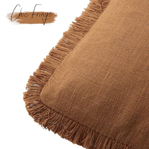 Image of Foindtower Set of 2 Decorative Linen Fringe Throw Pillow Covers Cozy Boho Farmhouse Cushion Cover with Tassels Soft Accent Pillowcase for Couch Sofa Bed Living Room Home Decor, 26x26 Inch, Orange