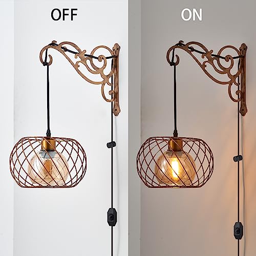 Image of Boho Hanging Lamps Plug in Wall sconces Gold Glass Dimmable,Vintage Hanging Wall Lantern Light Lamp Plug in for Bedroom, Living Room,2PK
