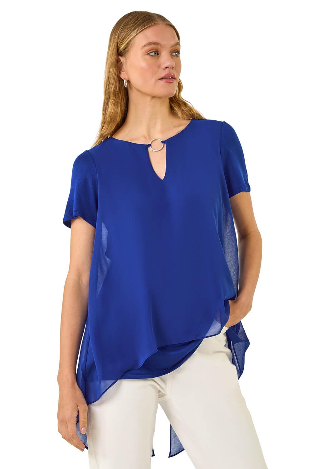 Roman Originals Women's Royal Blue Ring Front Chiffon Overlay Top For Uk - Everyday Holiday Spring Summer Round Neckline Comfy Soft Evening Vacation Work Party - Size 20