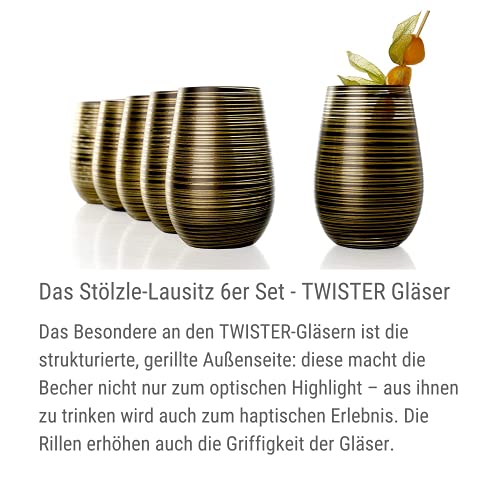 Stölzle Lausitz Wassergläser Twister Schwarz-Gold 6er-Set 465 ml – Allroundgläser für Wasser, Saft & Cocktails – Hochwertige Trinkgläser aus bleifreiem Kristallglas – Spülmaschinengeeignet & stoßfest