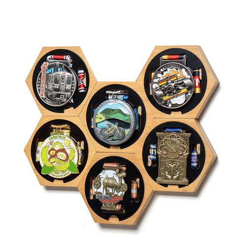 Image of Medal Hanger Display - Honeycomb Marathon Medal Hanger, Race Medal Holder Rack for Wall with No-Drill Adhesive Mounting, Stylish Holder for Running Medals
