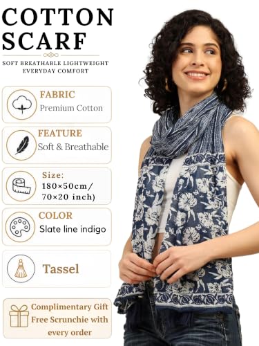 Image of KE KANHA EXPORTS Scarf for Women Premium Cotton Boho | Dual Tone Border Print Stole with Tassels | Lightweight Summer Beach Wrap 180 x 50 cm FREE Scrunchie Included