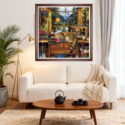 Image of DMCVIVR Stamped Cross Stitch Kits for Beginners Adults Needlepoint Kits for Beginners Embroidery Kits for Adults Crossstitch Kit for Beginners 11CT-Cat on Sewing Machine 18x18 inch