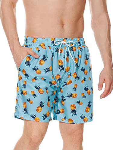 Century Star Mens Swim Trunks with Compression Liner Quick Dry Bathing Suits with Pockets Swim Shorts Pale Blue Pineapple Medium2