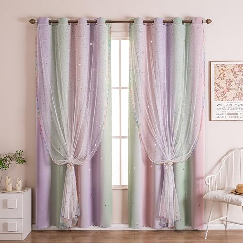 Image of Mix & Match Double Layer Laser-Cut Stars Gradient Blackout Curtains with Foil Print Sheer, 2 Panels Set for Bedroom, Nursery, Living Room - Lavender Green Pink, 34W x 95L