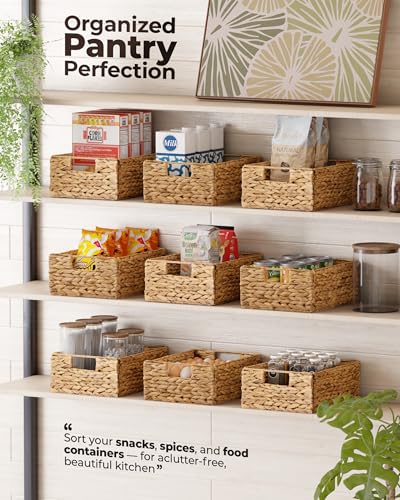 Image of BLUEWEST Water Hyacinth Storage Baskets (Set of 6) - Woven Hyacinth Organizer with Carrying Handles, Laundry Basket for Organizing, Rattan Bin for Shelves