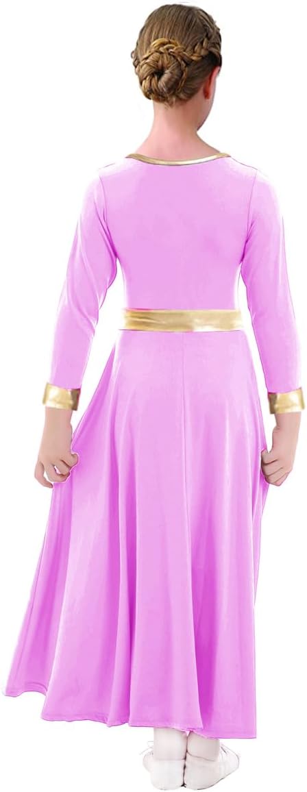 Girls Praise Dance Dress Metallic Gold Liturgical Worship Church Robe Full Length Swing Lyrical Costume,Light Purple Tag120,5-6 Years