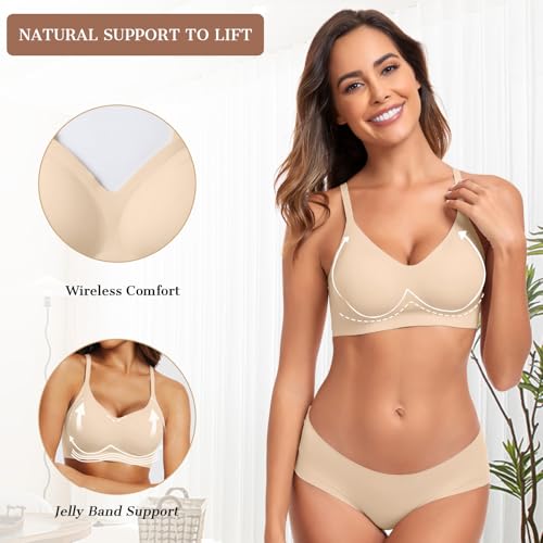OEAK Womens Wireless Jelly Bras Push Up Bralette Full Coverage No Underwire Bra Comfortable Everyday Seamless Tshirt Bras, Beige, M