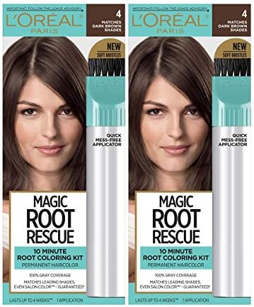 L'Oreal Paris Magic Root Rescue 10 Minute Root Hair Coloring Kit, Permanent Hair Color with Quick Precision Applicator, 100 percent Gray Coverage, 4 Dark Brown, 2 count