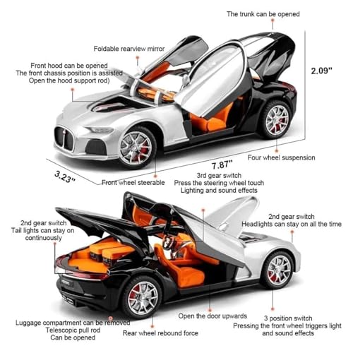 Image of 1:24 Scale Bugatti Toy Car for Kids Atlantic Model Car Diecast Metal Light Sound Pull Back Openable Door