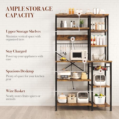 GRUSIGN Kitchen Bakers Rack with Storage, 6-Tier Coffee Bar Station with Power Outlet, Microwave Stand with 12 S-Shaped Hooks, Open Kitchen Storage Shelves for Spices, Pots and Pans, Rustic Brown - Image 5