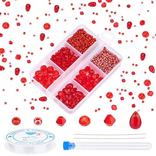 Pandahall Juego de 1000 Cuentas de Vidrio Rojo Cuentas de Jade de Imitación de Bicona Cuentas Sueltas de Cristal con Hilo de Cristal Elástico Y Tubo para Hacer Collares Y Pulseras de San Valentín