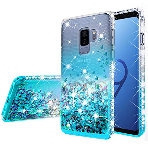Compatible For Samsung Galaxy S9 Case, With [Temper Glass Screen Protector] Soga Diamond Glitter Liquid Quicksand Cover Cute Girl Women Phone Case [Clear/Teal] #TOP2