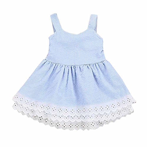 Fossen Verano 1-5 años Niñas Sin Mangas Vestidos a Rayas con Encaje Dobladillo de Fiestas (4 años, Azul)