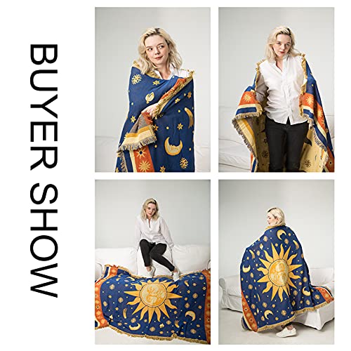 Sonne und Mond Tagesdecke mit Fransen,Doppelseitig Baumwoll Gewebt indianer decke 130X 180CM - Eignet Sich als Couchdecke bettüberwurf Sesseldecke und auch als sofaüberwurf,Gelb/Blau - Image 7