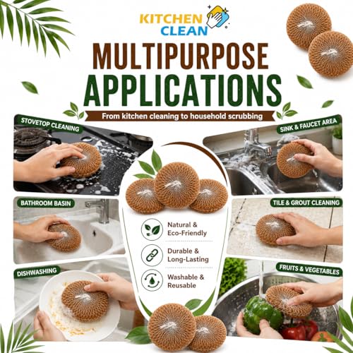 Image of Kitchen Clean Soft Circular Coconut Coir Scrub for Multipurpose Use | Chemical-Free Nariyal Juna | Eco-Friendly Natural Kitchen Scrubber (Pack of 6)