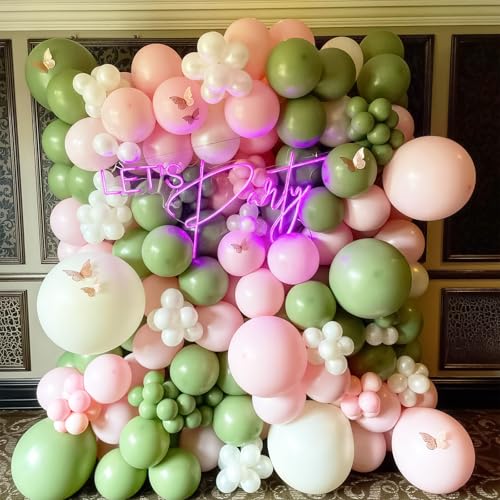 Image of HILAVO Sage Green Pink Balloons 12 Inch Olive Green Pastel Pink Ivory Metallic Gold Latex Balloon for Boho Baby in Bloom Fairy Floral Wildflower Tea Safari Jungle Baby Shower Birthday Party Decoration