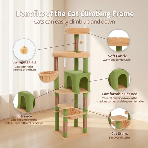 67-Inch Cat Tree with Bed, Hammock, Observation Deck, Plush Platform & Toy Ball for Indoor Cats (Green + Yellow) - Image 4