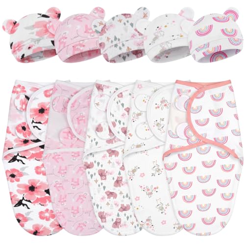 Image of Fanfanwin 5 Pack Preemie Swaddle Blanket Wrap with Hat Set, Bear