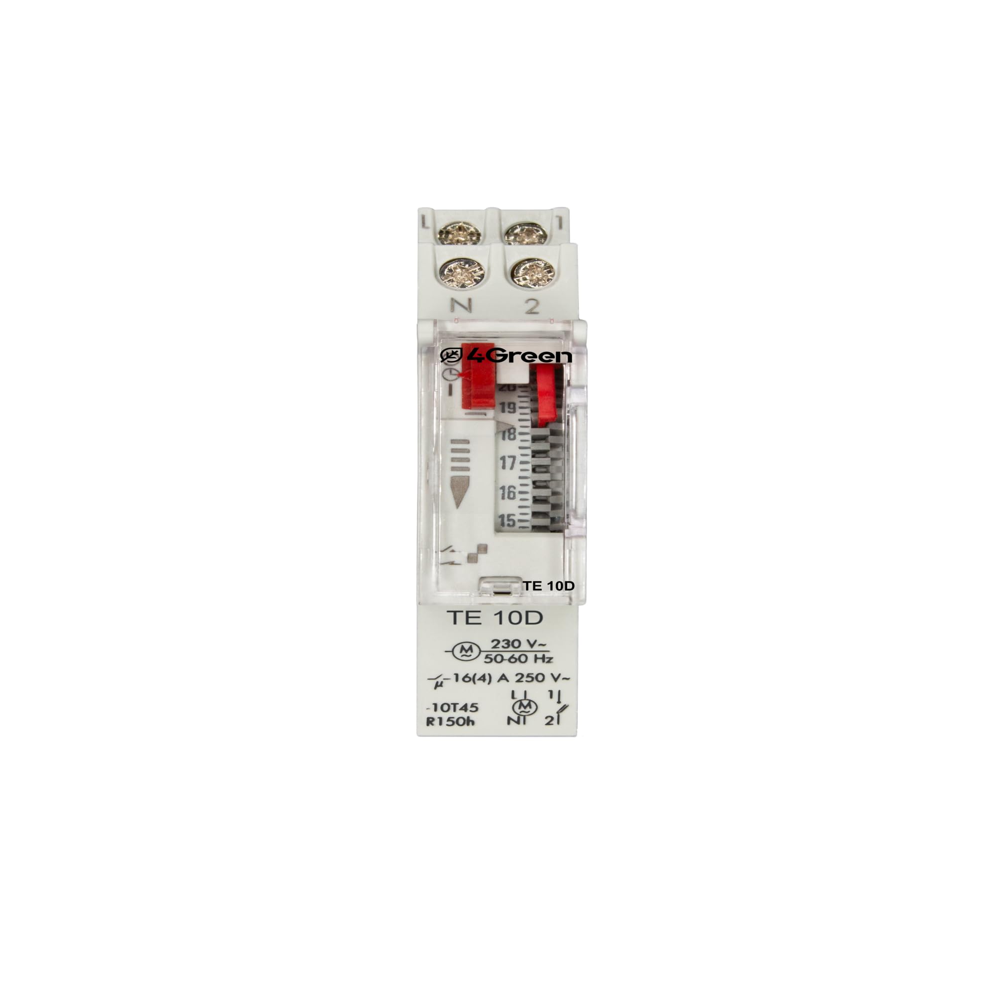 TE 10D - Interruttore Orario Elettromeccanico a Cavalieri, Timer con Programmazione Giornaliera, 1 Modulo DIN, Riserva di Carica 100 ore, Bianco