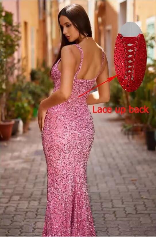 ALEESHUO Women's Sparkly Sequin Mermaid Prom Dresses Long Spaghetti Straps Bodycon Formal Evening Party Gowns3