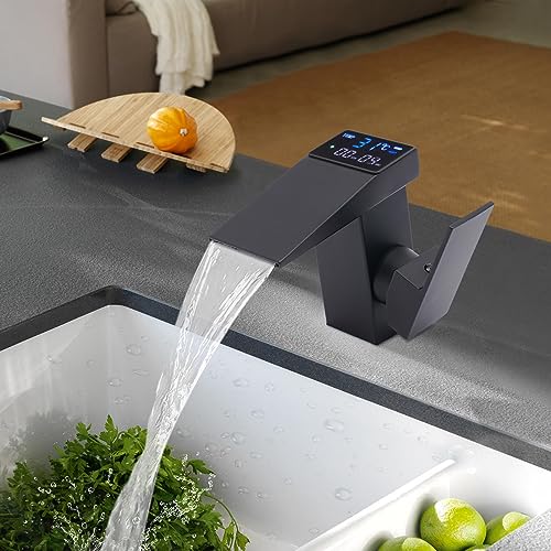 OUBUBY Robinet de salle de bain noir, mitigeur cascade mitigeur de cuisine mitigeur monocommande accessoires de salle de bain avec affichage numérique LED température...