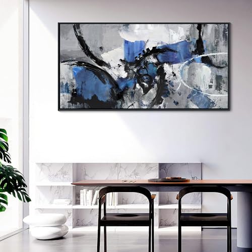 Image of Blue Abstract Wall Art - Large Canvas Wall Art in Navy Blue and Black, Framed Gray Artwork for Living Room, Bedroom, and Office Decorations for Work - Modern Wall Decor and Pictures 30x60IN