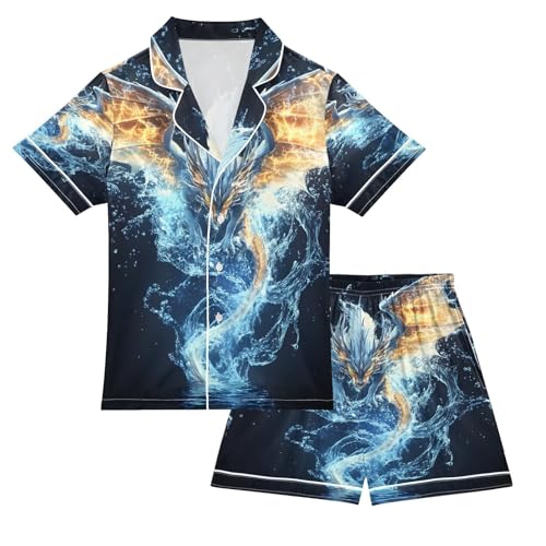 ALAZA Dragon Fantasy Blue Satin Pajamas Set Short Sleeve Button Down Sleepwear Summer Pjs 2 Piece