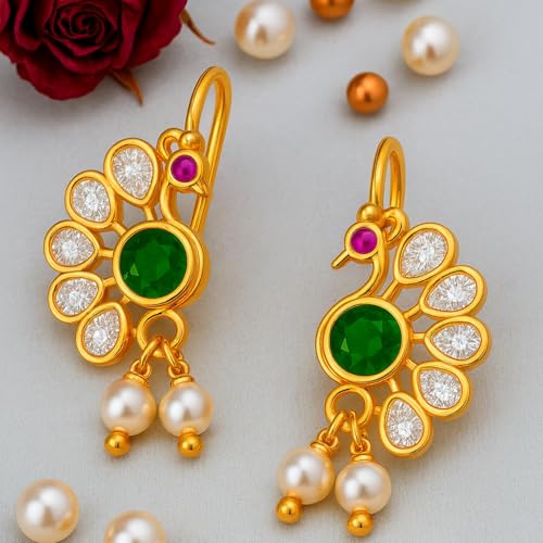 Image of VAMA FASHIONS 18K Gold Plated Anti Tarnish Half Moon Peacock Shape Traditional Maharashtrian Press on Bugadi Upper Ear Clip on Earrings For Women & Girls
