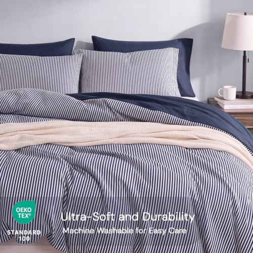 Image of Monbix Queen Comforter Set-7 Pieces Soft Bed in a Bag Queen Bedding Sets | Crown Blue Vertical Ticking Stripe Lightweight All Season Comforter Set with Sheets, Pillowcases & Shams