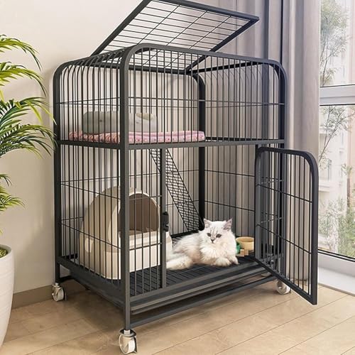 猫 ゲージ キャットケージ 屋内用 大型 2匹の猫用トイレ付き 折りたたみ式 金属製 猫 子猫 フェレットケージ 360°回転キャスター付き ペット用プレイペン ランプ はしご付き(ブラック,B-78*55*108CM)