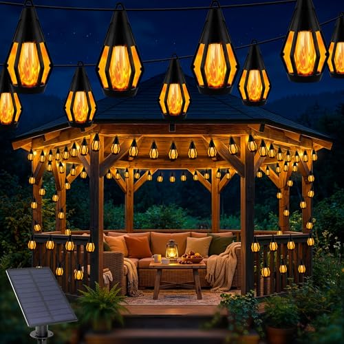 Vivideal Guirnalda de luces solares impermeables para exteriores, luces solares de patio de 41 pies con 15 llamas parpadeantes, cadena de luces solares para exteriores, jardín, patio, cenador, patio