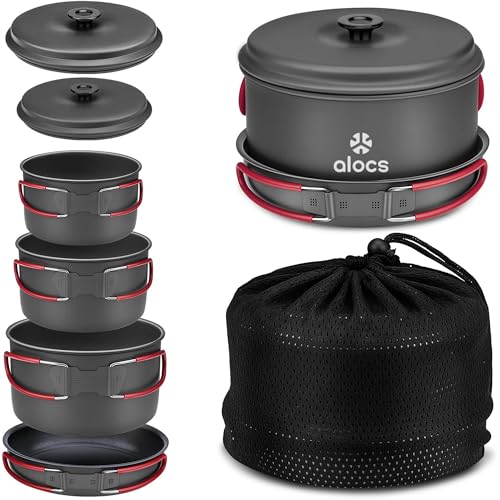 Image of Alocs Camping Cookware, Aluminum Camping Cooking Set Camp Kitchen, Portable Camping Pots and Pans Set Essentials Mess Kit for Backpacking, Outdoor Cooking and Picnic