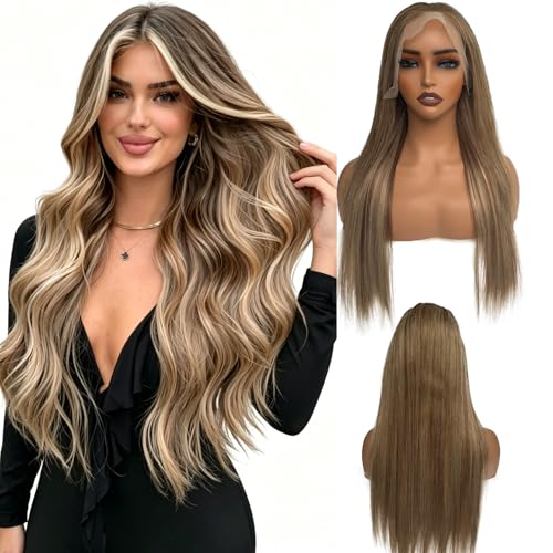 Image of Highlights Lace Front Wigs Human Hair Light Brown with Ash Blonde HD Transparent 100%Real Human Hair Ombre Glueless 180% Density 13x4 Straight No Synthetic No Shedding Triple Lifespan 26 Inch