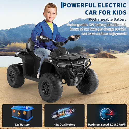 12V Electric Ride on Toys for Childrens with Remote Control, Kids ATV with LED Lights & Bluetooth, Dual 45W Motors & 3 Speed Modes, Electric Car for Kids,Black - Image 6