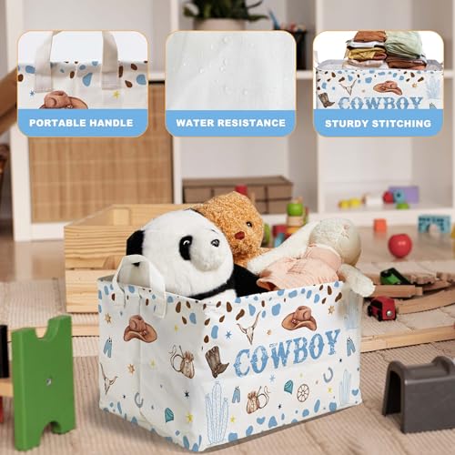 Image of Western Basket for Cowboy Nursery Decor Boy, Blue White Brown Western Toy Bin, Cowboy Baby Shower Decorations, Large Squarecanvas Laundry Hamper With A Waterproof PECoating, Foldable