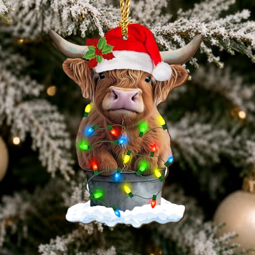 365RUSTIC Highland Cow Christmas Tree Keepsake Ornaments, Farmhouse Themed 2 Side Printed Flat Wooden Ornament, Farm Animal Xmas Hanging Decor
