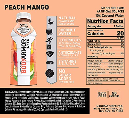 Image of BODYARMOR LYTE Sports Drink Low-Calorie Sports Beverage, Peach Mango, Natural Flavors With Vitamins, Potassium-Packed Electrolytes, No Preservatives, Perfect For Athletes, 16 Fl Oz (Pack of 2)