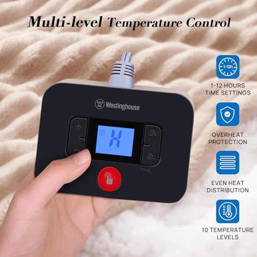 Westinghouse Queen Size Electric Blanket, Flannel to Sherpa Reversible, Heated Blanket Queen with Dual Control 10 Heating Settings & 1-12 Hours Auto Shut Off, Machine Washable, (84" x 90", Beige)