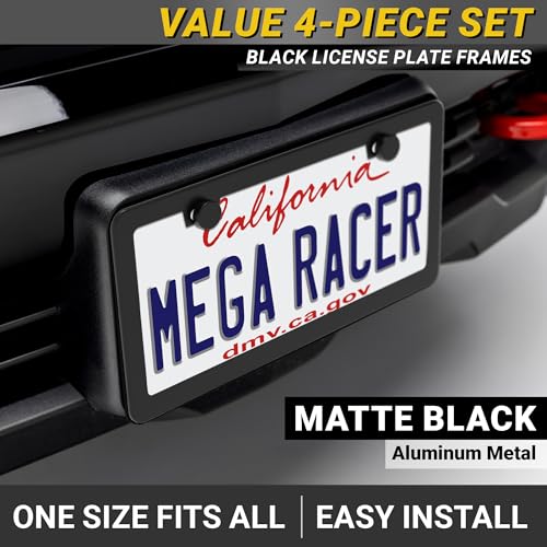 Image of Premium Slim Matte Black License Plate Frames - Best Value 4 Pack, Rust-Free Stainless Steel & Rattle-Free, Street Legal, Universal with Screw Caps, Thin Edged Metal Front & Rear Car Tag Holders