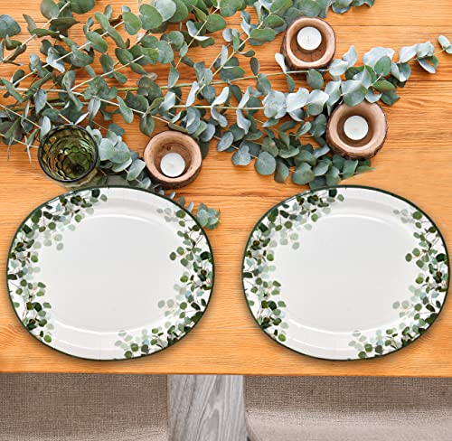 50 Count Eucalyptus Greenery Oval Paper Plates 10" X 12" Large Disposable Platters Party Goods Set Green Leaves Floral Design Serving Dish Tray For Spring Dinner Wedding Party Tableware Supplies Decor #TOP5