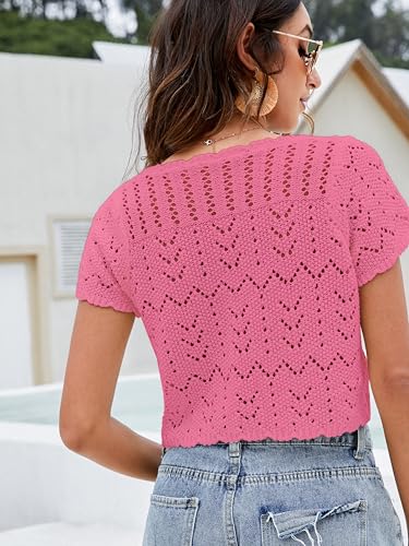 Image of Women's Crochet Shrug Knit Sweater, Short Sleeve Tie-Front Cropped Cardigan | Lightweight Open-Knit Bolero Tops, Cute Boho V-Neck, Styled Over Evening Dresses, Spring Summer Layering, Beach Cover-Up
