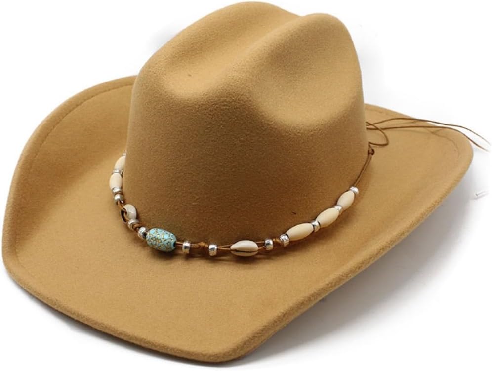 Classic Western Wool Cowboy Hat, Beaded Turquoise Band, Wide Brim, Ivory