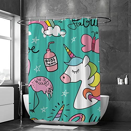 Rideau de douche polyester lavable avec crochets imprimé flamant rose vert